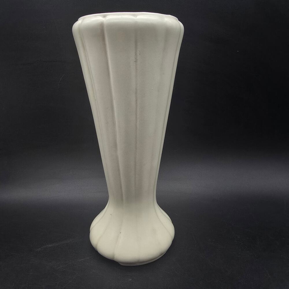 Vintage White‎ Fluted Ribbed Pottery Vase Made in USA